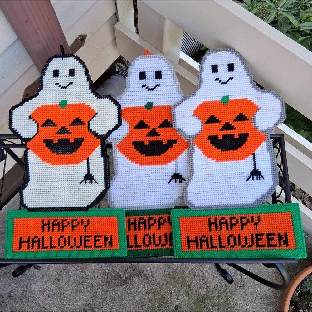 Vintage Halloween Cross Stitch Ghosts Set Of 3